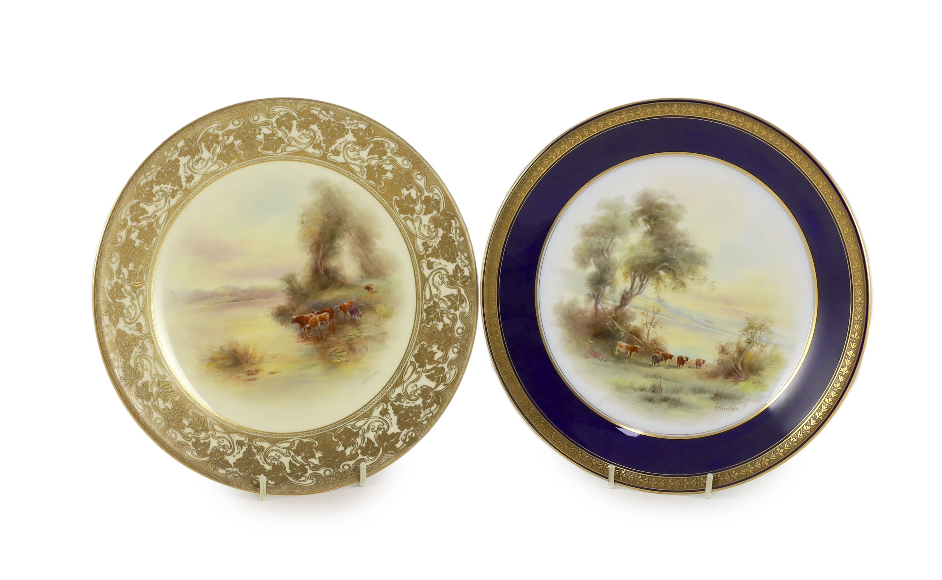 Two Royal Worcester Stinton painted ‘cattle at dusk’ plates, c.1912, 23 cm diameter